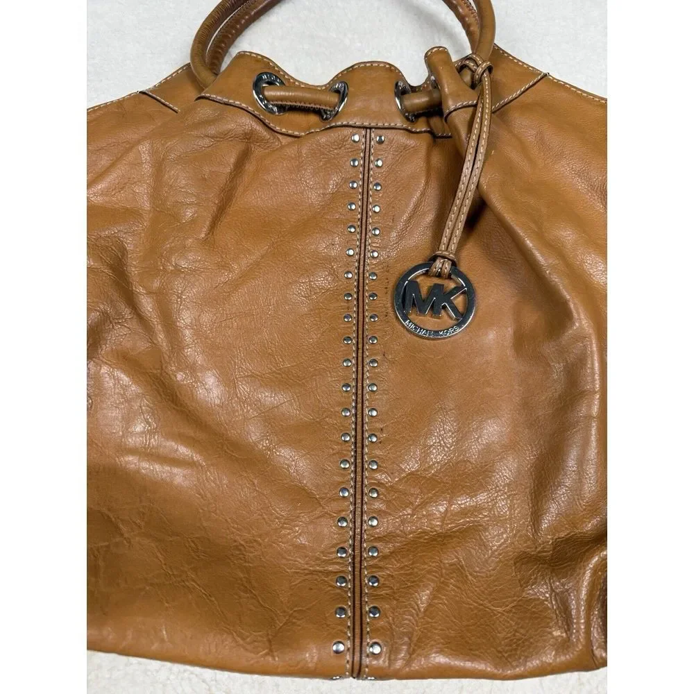 Michael Kors Brown Leather Purse Astor Studded Tote Hobo Western Cowgirl Bag‎